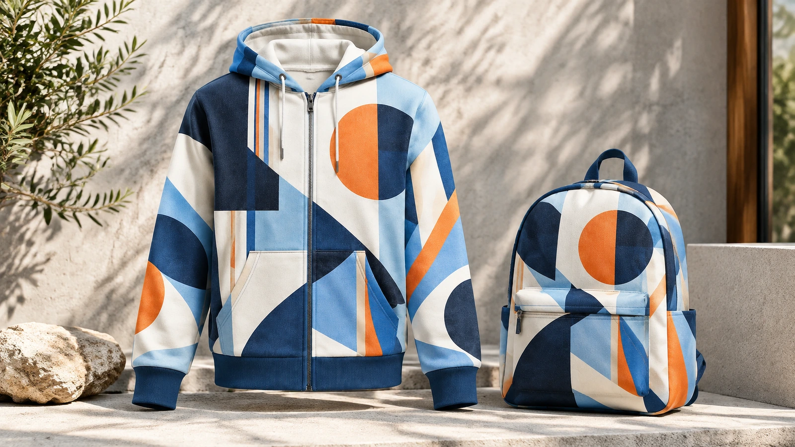 Hoodie zip geometris dipajang di samping ransel dengan desain biru dan oranye yang senada